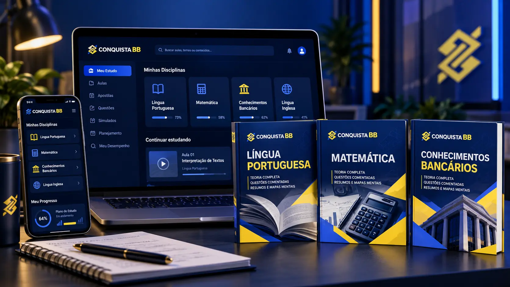 Mockup CONQUISTA BB com plataforma de estudos, celular e apostilas de Português, Matemática e Conhecimentos Bancários